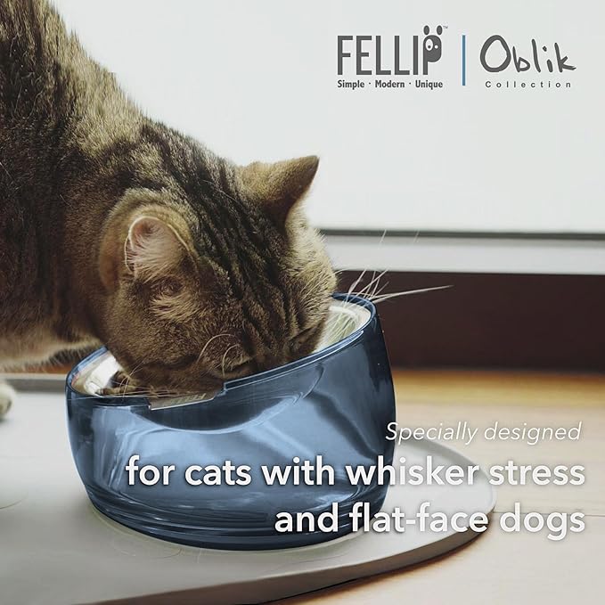 Felli Pet Oblik Whisker Fatigue Cat Food Bowl Raised Stainless Steel Shallow Dish, Pet Design Anti Vomit Tilted Metal Plate Feeder Elevated Acrylic Base (Shadow, 0.5 Cups Shallow Dish)