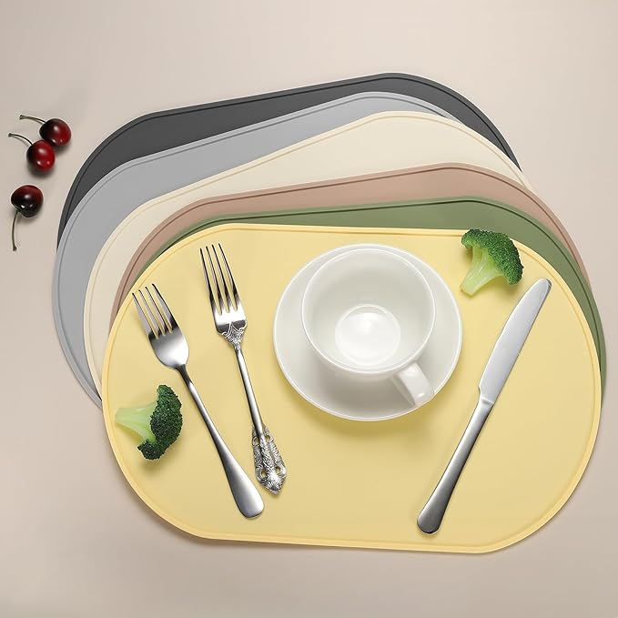 uxcell 2 Pcs Oval Silicone Placemat, 15.4" x 10.4" Non-Slip Washable Table Placemats Heat Resistant Waterproof Mat with High Edge for Table Kitchen Desk Protection, Light Gray