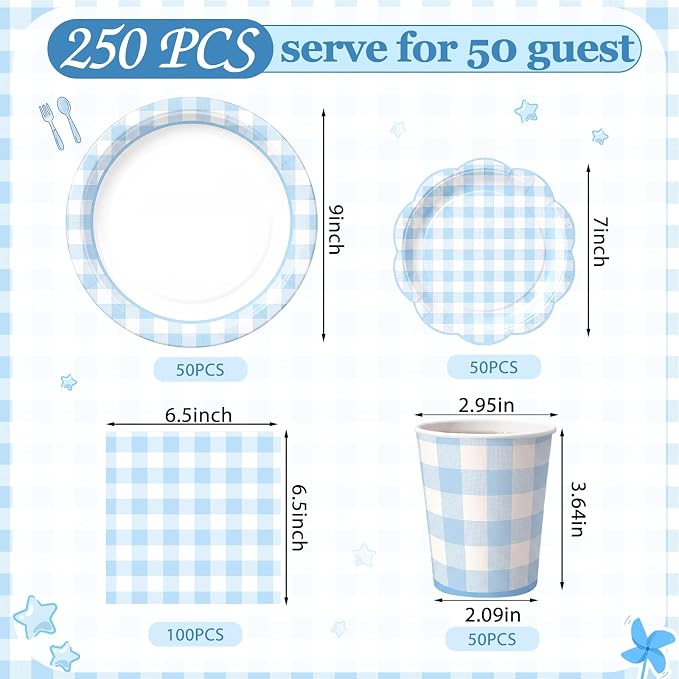 Funnymoom 250 Pcs Blue Gingham Paper Plates and Napkins Party Supplies Blue - Image 3