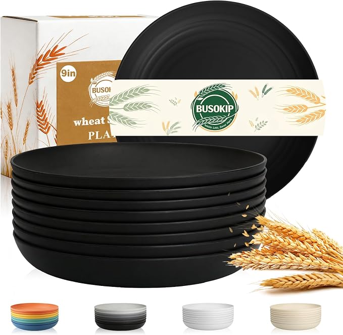 Dinner Plates 9 Inch, Wheat Straw Plates Set of 8, Alternatives to Plastic by BUSOKIP