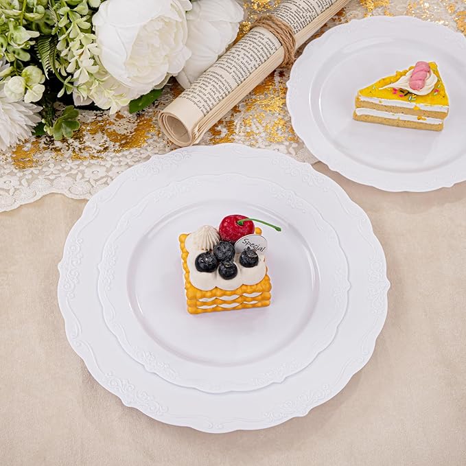 U-QE 100 Pieces White Plastic Plates - White Disposable Plates - Premium Hard Plastic Disposable Plates for Wedding and Party Use Including 50 Dinner Plates 10 '' & 50 Dessert Plates 7.5 ''