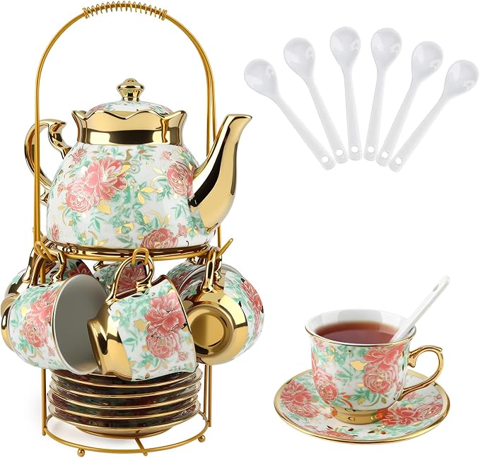 20 Pcs Porcelain Tea Set with Metal Holder, Adult Tea Set Gift, European - Image 8