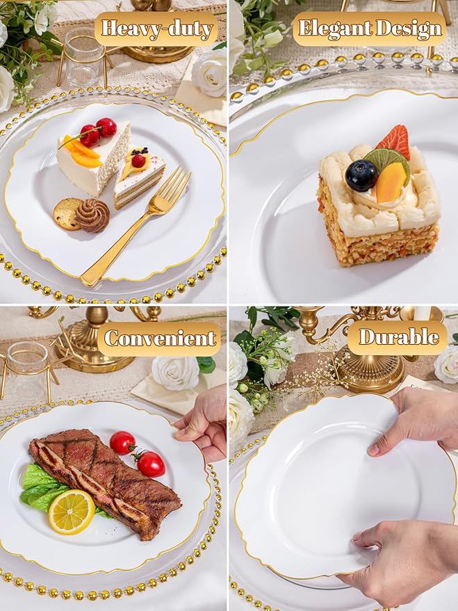 WDF 60pcs Gold Plastic Dinner Plates -10.25inch Baroque White and Gold Plates Fancy Plastic Plates for Upscale Bridal Shower & Wedding & Birthday