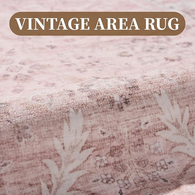 MontVoo-Vintage Area Rug 9X12 Pink Rugs for Living Room-Soft Distressed Printed Rugs for Bedroom-Non Slip Carpet-Machine Washable Rug for Dining Room Living Room Bedside Office