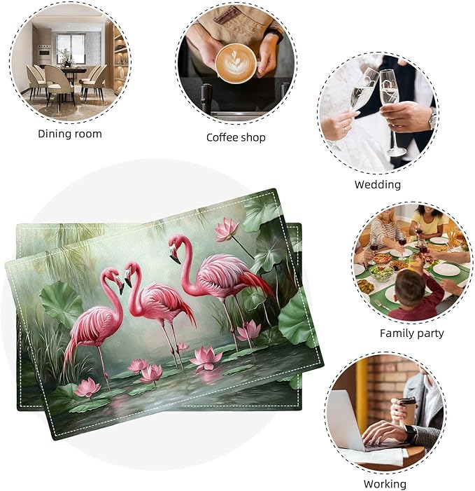 Flamingo Placemats Set of 6, Flamingo Tropical Flowers Place Mats, Wildlife Waterproof Washable Table Mats for Home Party Indoor Kitchen Dining Table Decoration 12x18 Inch