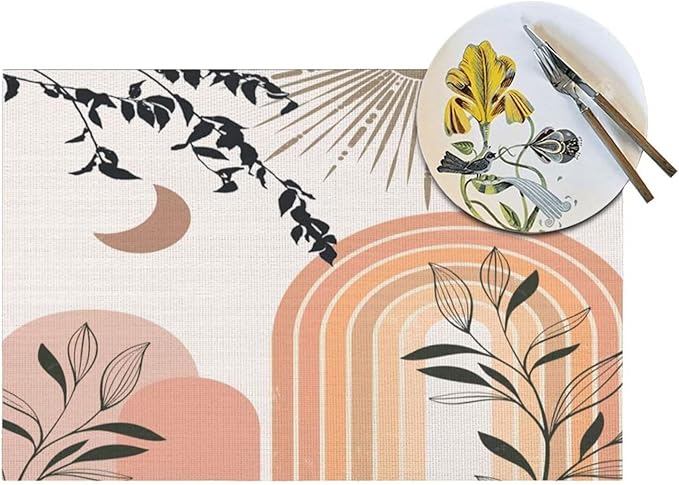 Mid Century Abstract Boho Placemats Geometric Leaf Sun Minimalist Modern Cafe Washable Place Mats 12x18Inch for Dining Kitchen Farmhouse Decor 4 PCS