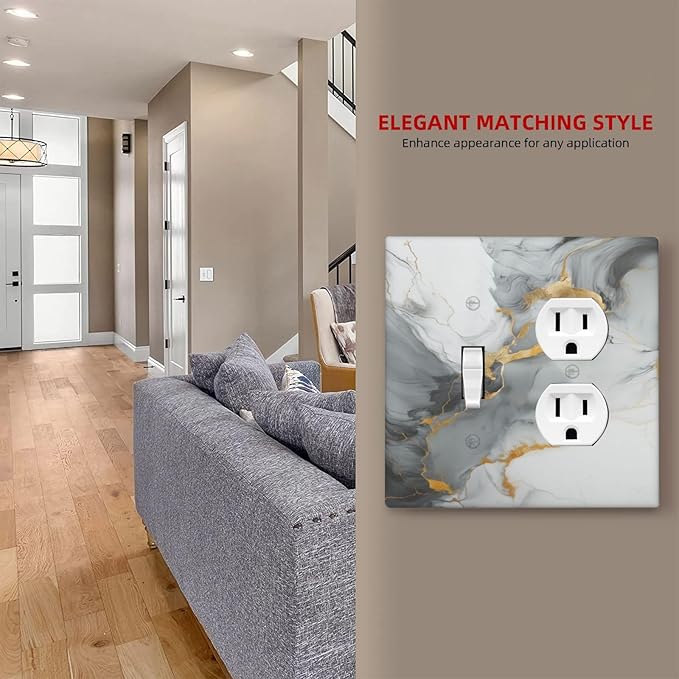 Light Switch Cover Plate Gray/Gold Marble Abstract Modern Luxury 2 Gang Decorative Switch Plates 1 Toggle Duplex Combo Outlet Covers GFCI Wall Plates for Bathroom Bedroom Decor
