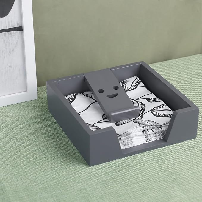 Bamboo Flat Napkin Holder with Weighted Arm Decorative Napkin Tray Dispenser for Table Kitchen Bathroom Dinning (grey)