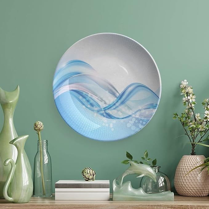 Ceramic Display Plate, Abstract Ceramic Hanging Decorative Plate, Modern Wavy Ocean Surfer Summertime Themed, 10 Inch, Living Room Kitchen Decoration Household, Pale Blue and White