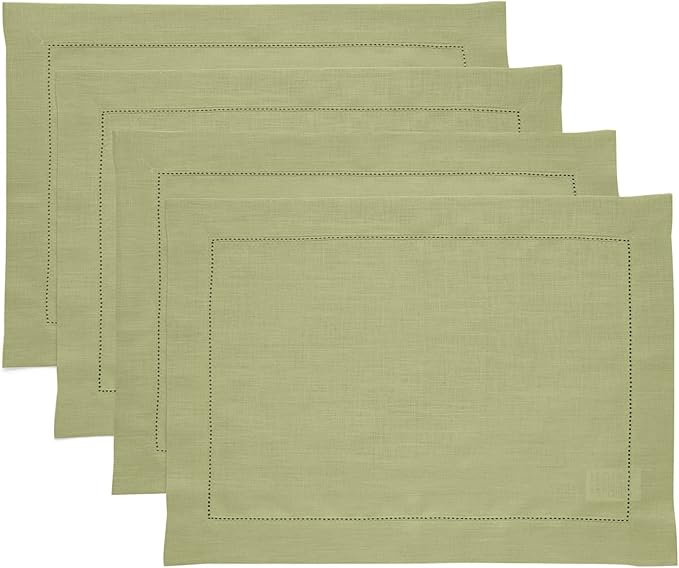 Solino Home Linen Placemats Set of 4 - Classic Hemstitch Moss Green Placemats 14 x 19 Inch - 100% Pure Linen Table Mats for Winter, Spring, Easter, St Patricks Day