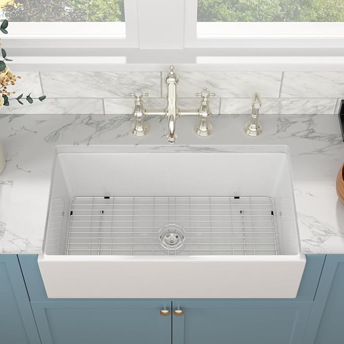 Sarlai 36 White Farmhouse Sink - 36 x 20 Inch Farm Kitchen Sink Apron Front Single Bowl Reversible Ceramic Porcelain Vitreous Fireclay Single Bowl Farmer Sinks Basin