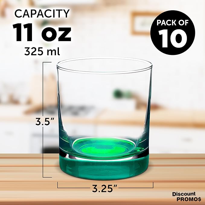 Whiskey Glasses by Libbey 10 oz. Set of 10, Bulk Pack - Heavy Base Old Fashioned Glass, Perfect for Scotch, Bourbon, Whiskey, Cocktail - Green