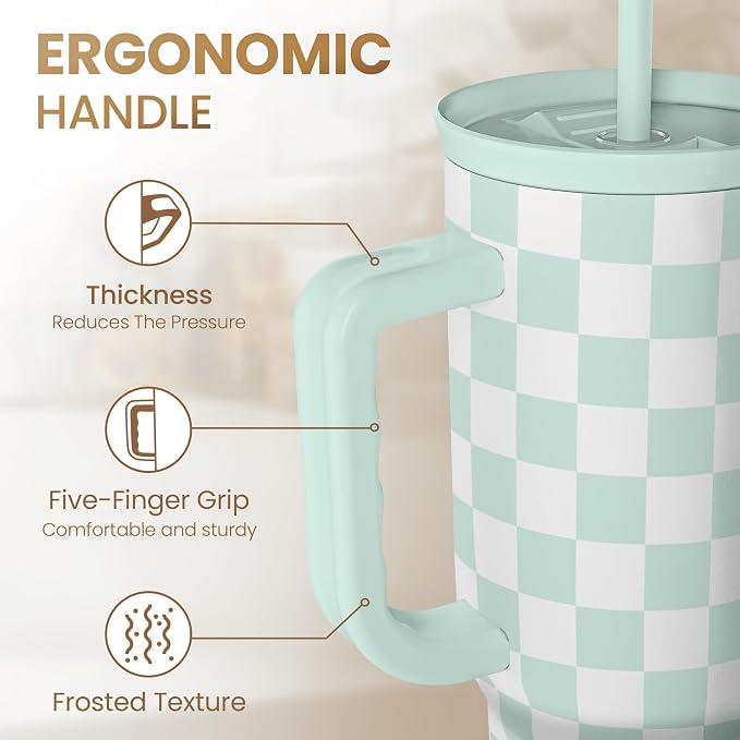 Checkered Tumbler with Handle 40oz, Mint Checker Cup Stainless Steel Insulated - Image 3