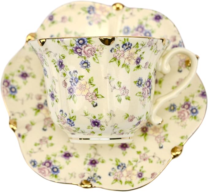 TATSUMI Country Roses Bone China Tea Cup and Saucer Set, 3 Pieces, Vintage Style - Image 2
