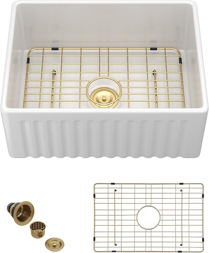 24"x18" White Farmhouse Sink – Reversible Apron Front, High-Gloss Porcelain Ceramic Fireclay Single Bowl Small Kitchen & Bar Farm Sink Basin