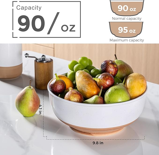 AmorArc 9.8’’ Extra Large Ceramic Salad Bowls, 90 OZ Serving Bowls Set of 2, Stoneware Oversized Bowls with Rustic Terracotta Underside for Salad, Soup and Dinner. Large Bowls for Entertaining&Gift