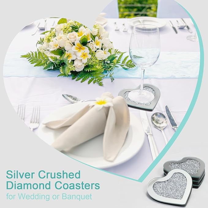 Glass Mirrored Coasters Set of 4, Heart Shaped Coasters with Crystal Diamond, Mirrored Silver Glass Cup Mats for Drinks, Advanced Top Decorations (4" x 4")