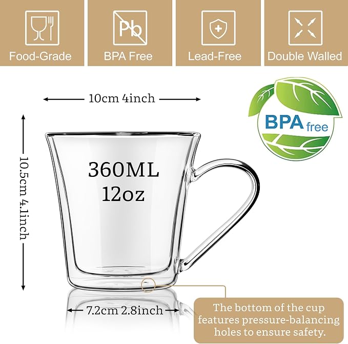 Joeyan 12oz Double Walled Glass Coffee Mugs, Wide Mouth Latte Cappuccino - Image 2