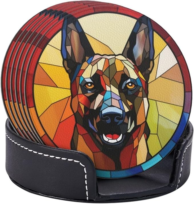 Drink Coaster Set of 6, Belgian Malinois Dog Mom Lover Gift,Leather Drink Coasters with Holder,6 Pack Cup/Bar/Drink Coasters for Table/Drinks/Coffee Protection Housewarming Gift