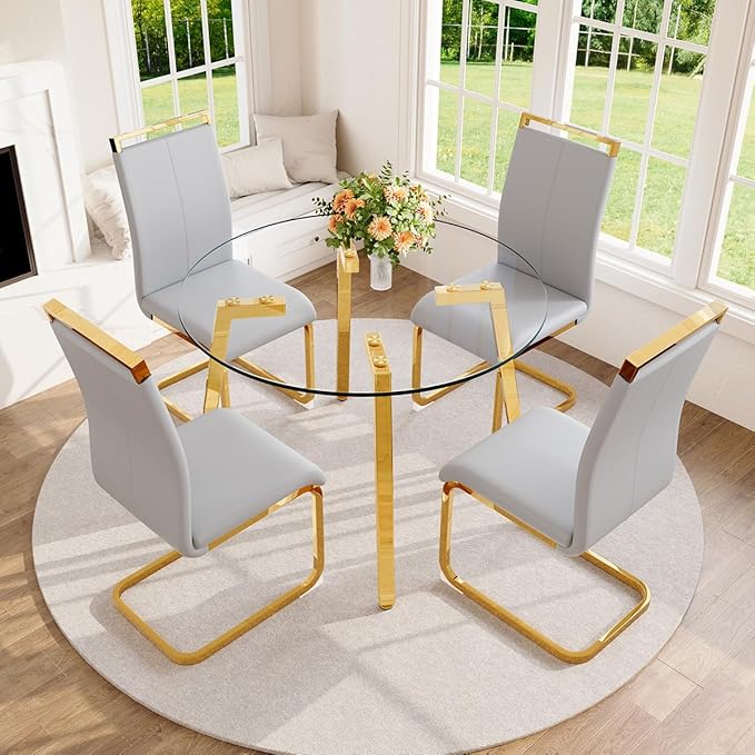 42" Round Glass Dining Table Set for 4,Modern Breakfast Table Set for 4 with Luxury Gold Chrome Legs,Space Saving Kitchen Table and Light Grey Chairs for Apartment,Easy Assembly