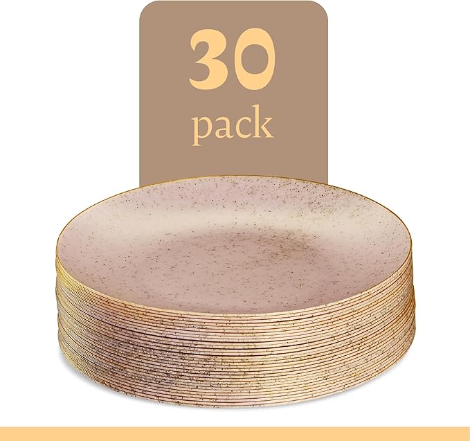 PLASTICPRO 30 Pack Disposable Plastic Plates Heavyweight Granite Look Elegant 9 inch Dinner Plates Pink with Gold Rim