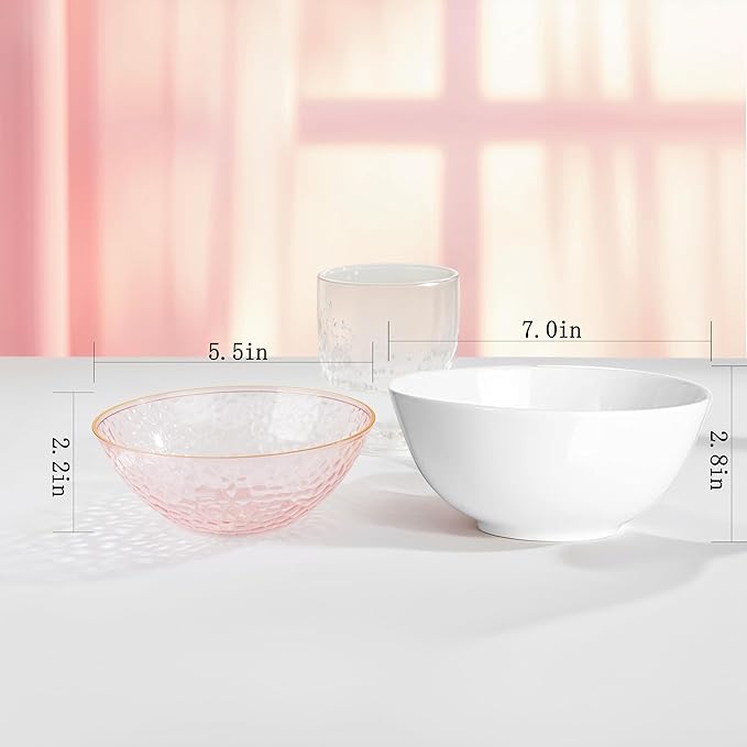 I00000 20 Pack 12 Ounce Pink Plastic Bowls Hammered Gold Rimmed Crystal Like, Heavy duty Disposable Bowl Set,Elegant Soup/Salad/Dessert/Ice Cream Small Bowls For Valentine's Day Party, Weddings
