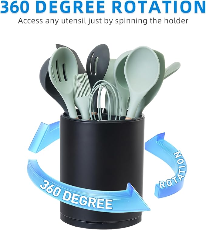 Kitchen Utensil Holder Extra Large Rotating For Counter Organizer Stainless Steel Storage Cooking Silverware Caddy 3 Compartment Flatware Spoon Spatula Tool Cutlery Container（2 Set Black）