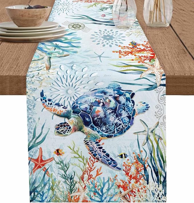 Sea Turtle Coastal Table Runners 70 Inches Long, Summer Beach Coral Table by Unknown