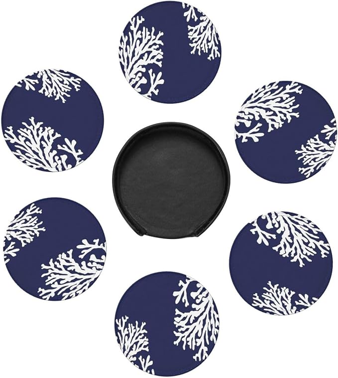 6 Pcs Coral Navy Blue Nautical Coastal Ocean Theme Marine Leather Coasters - Image 7