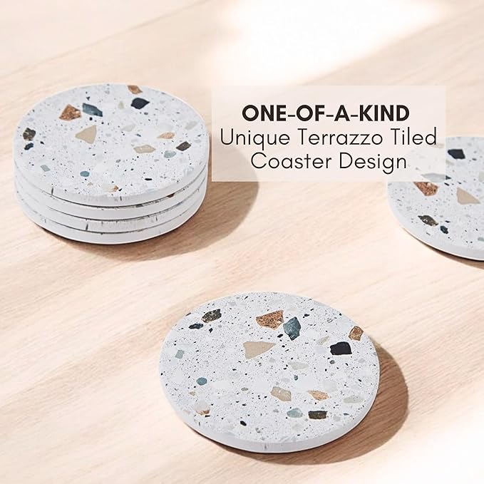 Terrazzo Coasters Set of 6, Ceramic Absorbent Drink Coasters, Cute Moisture Absorbing Coaster, Coffee Table Desk Decor, Colorful Stone Coaster for Drinks (Granite with Black Holder)
