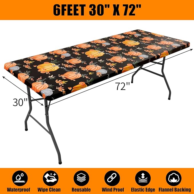 Smiry Plastic Thanksgiving Tablecloth, Pumpkin Waterproof Elastic Fitted Table Covers for 6 Foot Tables, Wipeable Flannel Backed Vinyl Tablecloths for Autumn Harvest, Parties (Black, 30x72 Inches)