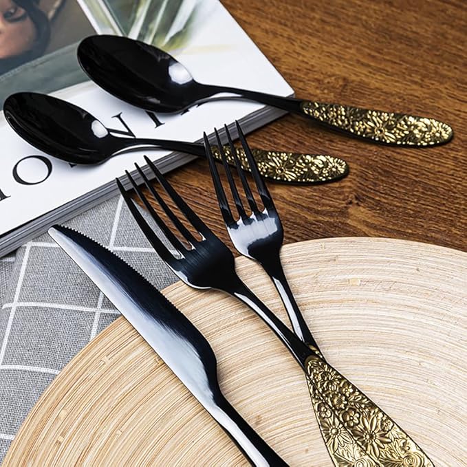TWEE Black Gold Silverware Set for 4 Unique 18/10 Stainless Steel 20 Flatware Set Beautifully Embossed Floral Pattern Mirror Polished Kitchen Utensils Set for Home Restaurant Tableware