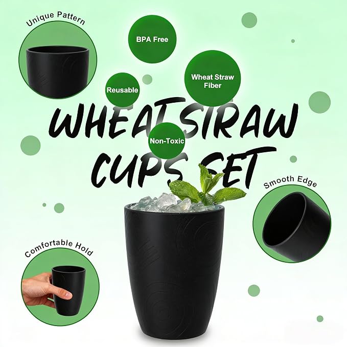 Wheat Straw Drinking Glasses Set of 6, Unbreakable 12 OZ Small Drinking Glasses - Image 2