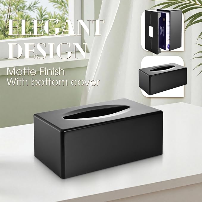 Tissue Box Cover, Rectangular Facial Tissue Holder with Bottom, Decorative Storage Organizer Box for Bathroom Vanity, Countertops, Dressers, Night Stand, Parlors and Offices - Black