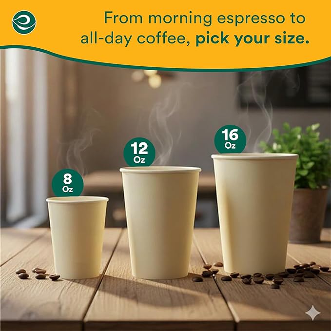 ECO SOUL 100 Pack 8 oz Disposable Coffee Cups Eco-Friendly, Biodegradable, Compostable, Leak-free & Sturdy To Go Hot Drink Travel Bagasse Cup for Tea, Chocolate, Party, Picnic & Cafe, Office & Home
