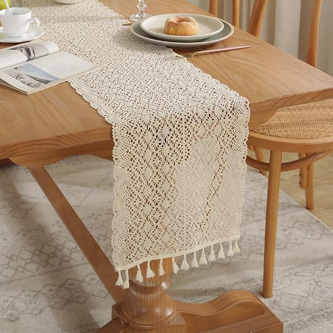 meioro Crochet Lace Table Runner, 12x56 Inch Boho Cotton Table Runners by meioro