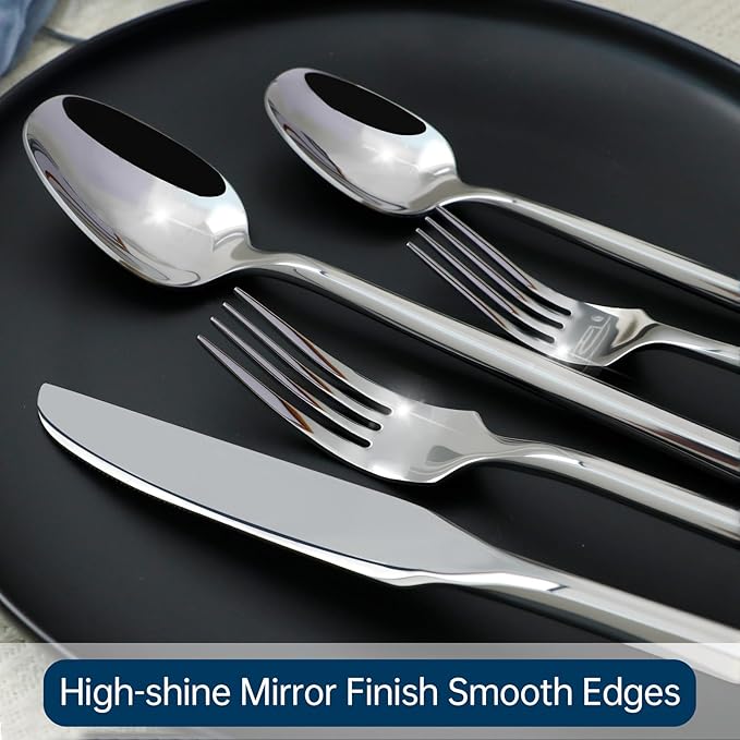 Silverware Set 40-Piece Hand Forged Stainless Steel Cutlery, Mirror Silver Thick Hexagon Handle Flatware Sets, Service for 8