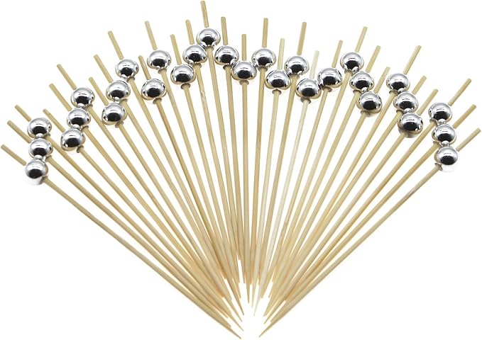 Minisland Silver Pearl Cocktail Picks, 4.7 Inch Long Bamboo Fancy Toothpicks for Appetizers, Decorative Christmas New Year Holiday Party Food Drink Garnish Fruit Kabob Skewer Sticks 100 Counts -MSL151