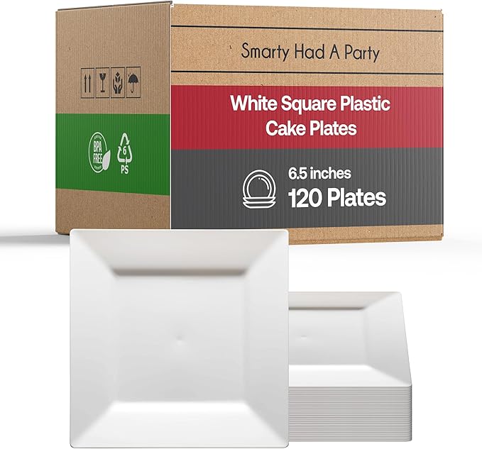 Smarty Had A Party 120 Disposable Plastic Dessert Plates, Fancy Square White Salad Plates, 6.5" for Appetizers and Cake, Heavy Duty Bulk Party Supplies for All Occasions