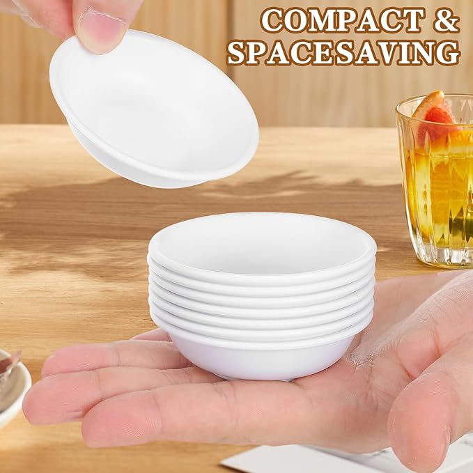 Angoily 20Pcs Dipping Sauce Bowls Round Soy Sauce Dish Set White Plastic Small Serving Bowls Condiment Ramekin Side Dishes Flatware for Restaurant BBQ Party Dinner, Charcuterie Accessories