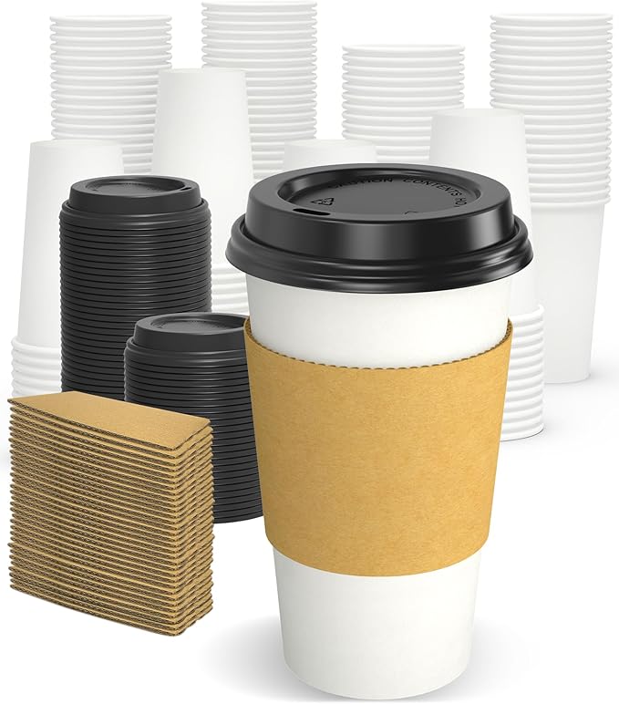 100 Pack 16 oz Disposable Coffee Cups with Lids and Sleeves, Sturdy Thick Paper & Leak-free Insulated to Go Paper Hot Coffee Cups with Sip Lids for Hot & Cold Beverage