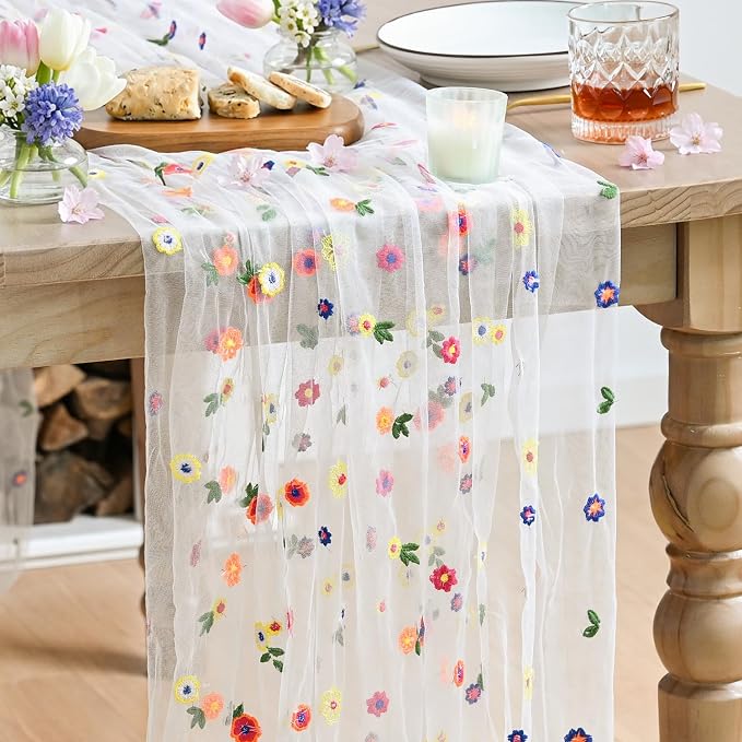 Artoid Mode 3PCS Embroidery Daisy Gauze Table Runner 120 Inch 10FT | Seasonal by ArtoidMode