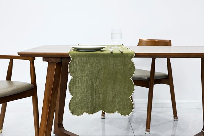 100% Natural Linen Rustic Scalloped Embroidery Table Runner 104 Inches Long by AORISSI