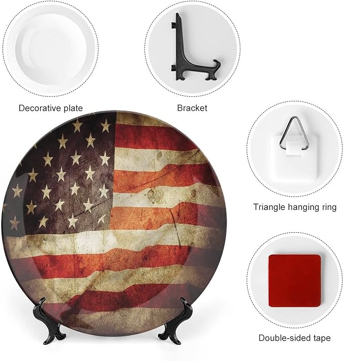 Ceramic Display Plate, American Flag Ceramic Hanging Decorative Plate, Grunge Look Patriotic, 8 Inch, Household Custom Ceramic Plate, Multicolor