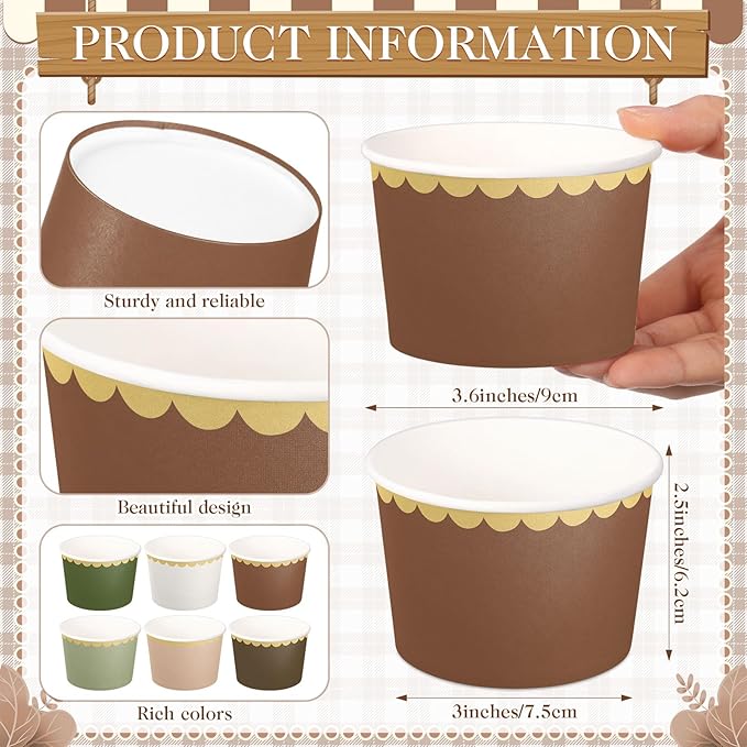 Zopeal 48 Pcs Woodland Disposable Ice Cream Bowls 9oz Green and Brown Gradient Color Paper Snack Cups with Gold Scallop for Parties, Weddings, Baby Showers, Desserts, Yogurt, and Salads