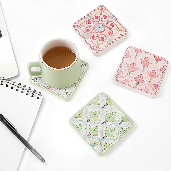 Coasters Set of 4, Square Drink Coasters Absorbent Heat Resistant Diatomite Coaster Cup Mats Vintage Home Decor for Coffee Table Desktop Protection (A, 3.9" x 3.9", 4pcs)