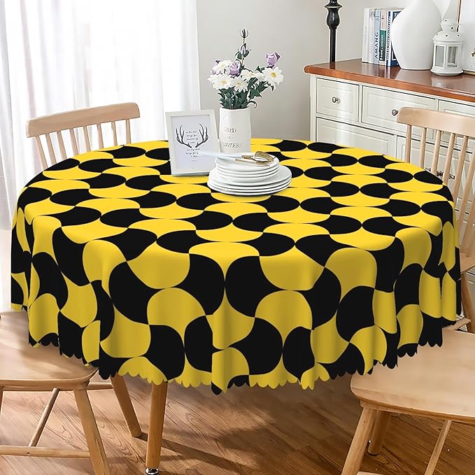 Laeacco 36 Inch Geometric Round Tablecloth Black and Gold Abstract Pattern Modern Art Print Table Cloth Washable Waterproof Wrinkle Free Table Cover for Kitchen Dining Picnic Party Decoration