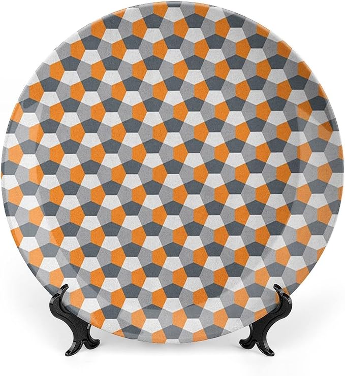 Ceramic Plates, Abstract Decorative Ceramic Plates, Modern Style Mosaic Tile with Hexagonal Shapes, 6 Inch, for Dining, Parties, Wedding, Grey Charcoal Grey Orange
