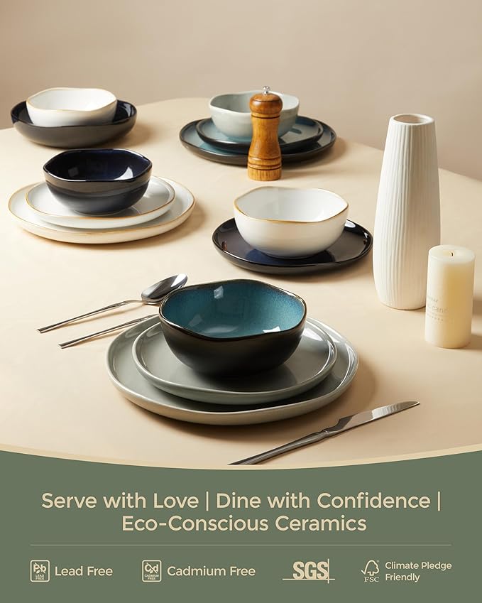 32 Piece Dinnerware Set for 8 with Pasta Bowls, Gray Green Reactive Glaze Stoneware | All‑in‑One Host Set for Entertaining, Holiday Meals, Multi‑Course Dish Set | Unique Irregular Look