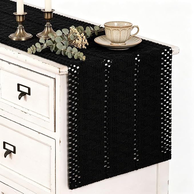 Black Boho Table Runner Farmhouse Macrame Woven Table Runner 12x48 Inch | Small by MLMC